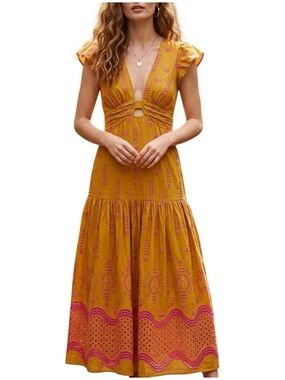 Dixie Italy Mustard Yellow Pink Eyelet Embroidered Cutout Maxi Dress Tiered M
